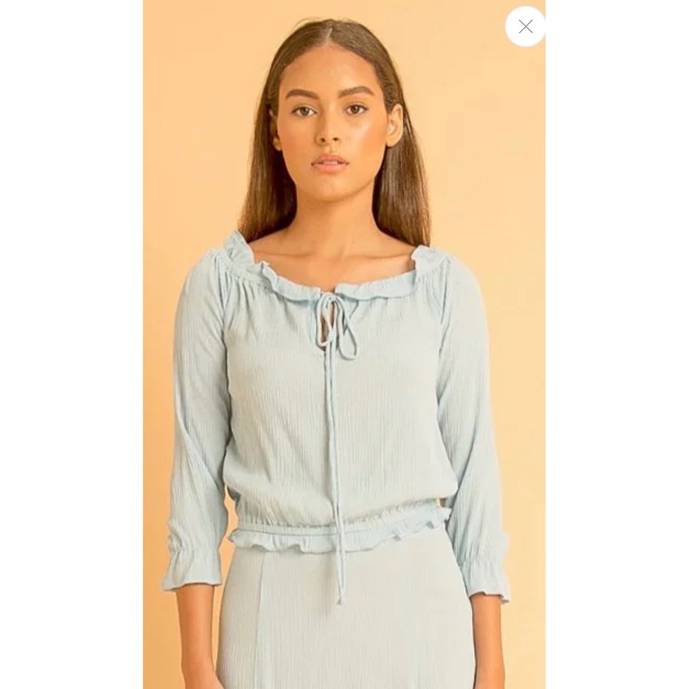 Saint Mojavi Womens Light Blue Linen Blend Ruffle Off Shoulder Peasant Top S NEW